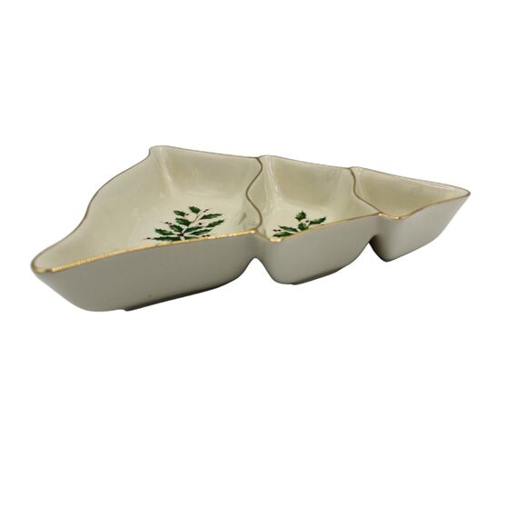 Vintage Lenox Holiday Tree Divided Serving Dish Creamy White with Holly Berries - Picture 7 of 9